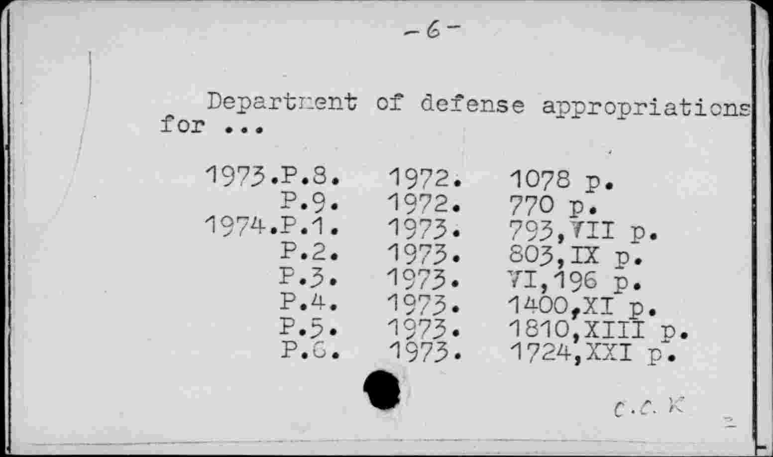 ﻿f Department of defense appropriations
1973.	P.8
P.9
1974.	P.1
P.2
P.3 P.4 p.5 P.G
1972.
1972.
1973.
197З.
197З.
197З.
197З.
197З.
1078 p.
770 p.
793, TH p. 8O3,IX p. 71,196 p. 1400,XI p. 1810,XIII p. 1724,XXI p.